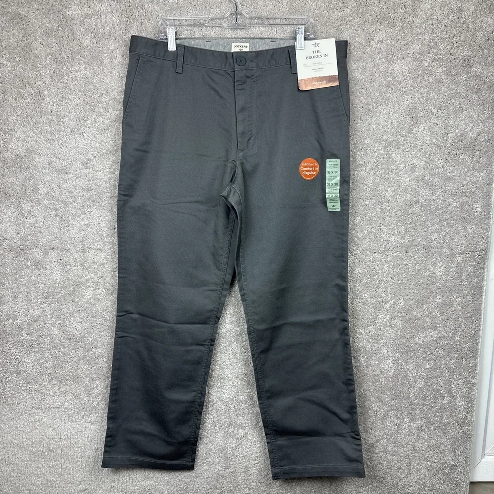 NWT Dockers The Broken In Washed Khaki Pants Mens Size 38x30‎ Gray Flat Front